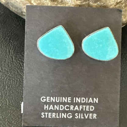 Navajo Blue Kingman Turquoise Post Stud Earrings | Sterling Silver | Authentic Native American Handmade | 17483