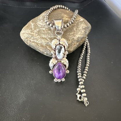 White Buffalo Turquoise & Sugilite Pendant | Navajo Pearls | Sterling Silver | Native American Handmade | 16870