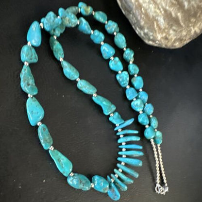 Navajo Blue Kingman Nugget Turquoise Necklace | Sterling Silver | 22" | Authentic Native American Handmade | 15534