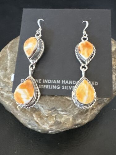 Navajo Orange Spiny Oyster Dangle Earrings | Sterling Silver | 1.5" | Authentic Native American Handmade | 16572