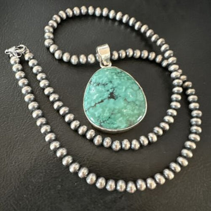 Men's Navajo Blue Spiderweb Turquoise Pendant Necklace | Sterling Silver | Authentic Native American Handmade | 16201