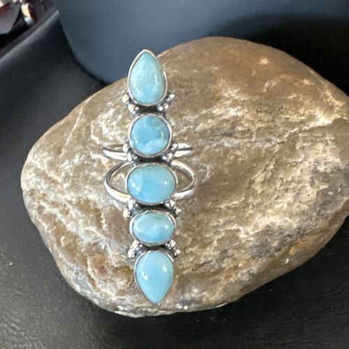 Navajo Blue Larimar Cluster Ring | Authentic Native American Sterling Silver | Multi-Stone | Sz 8.5 | 15936