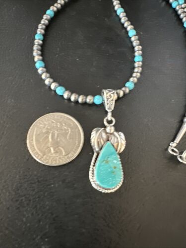 Navajo Pearls Kingman Turquoise Pendant Necklace | Sterling Silver | Authentic Native American Handmade | 14892