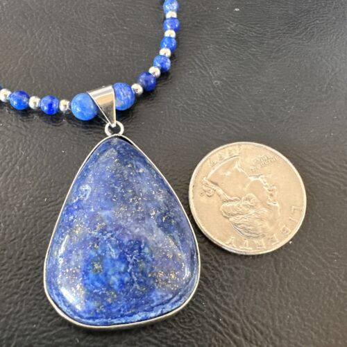 Navajo Blue Denim Lapis Pendant Necklace | Sterling Silver Pearls | 22" | Authentic Native American Handmade | 16579