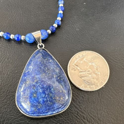 Navajo Blue Denim Lapis Pendant Necklace | Sterling Silver Pearls | 22" | Authentic Native American Handmade | 16579