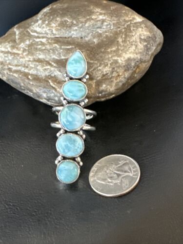 Navajo Blue Larimar Cluster Ring | Authentic Native American Sterling Silver | Multi-Stone | Sz 8.5 | 16153