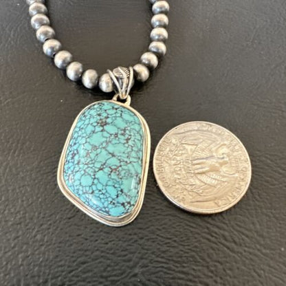 Men's Navajo Blue Spiderweb Turquoise Pendant Necklace | Sterling Silver | Authentic Native American Handmade | 16274