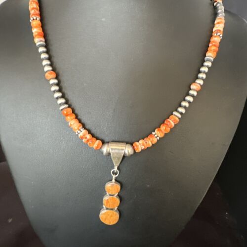 Navajo Orange Spiny Oyster Pendant with Pearls | Sterling Silver Necklace | Authentic Native American Handmade | 15255