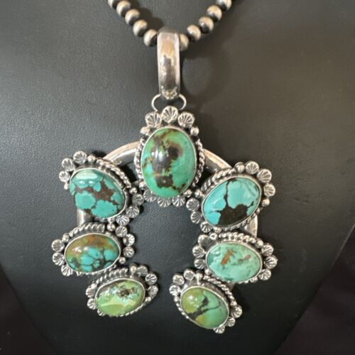 Men's Blue Spiderweb Turquoise Naja Pendant Necklace | Navajo Sterling Silver | 16950