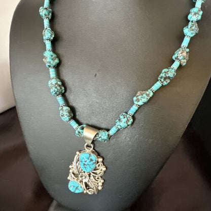 Navajo Kingman Turquoise Nugget Pendant | Sterling Silver Necklace | Multi-Stone | 21" | 17507
