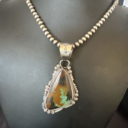 Men's Navajo Green Turquoise Pendant Necklace | Sterling Silver | Authentic Native American Handmade | 17530