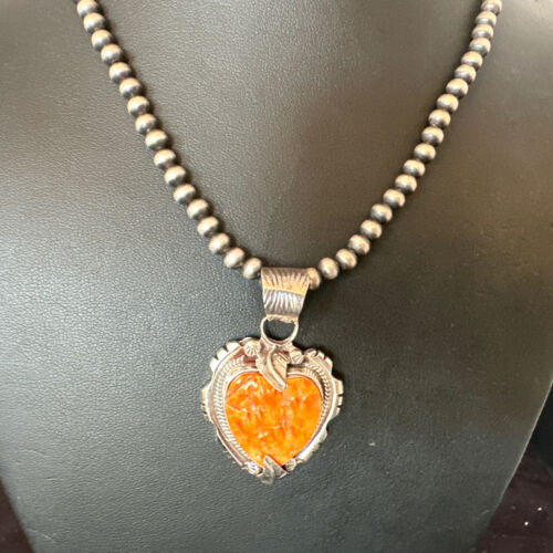 Navajo Orange Spiny Oyster Heart Pendant Necklace | Sterling Silver | Authentic Native American Handmade | 16296