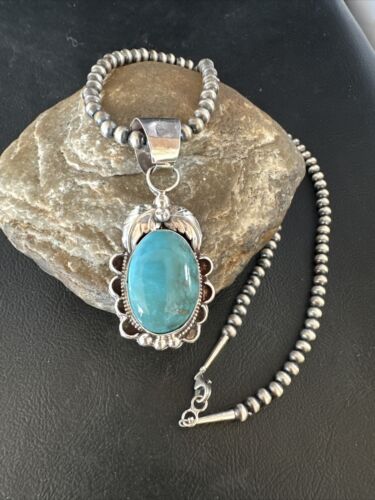 Navajo Pearls Blue Turquoise Necklace Pendant | Sterling Silver | Authentic Native American Handmade | 14881