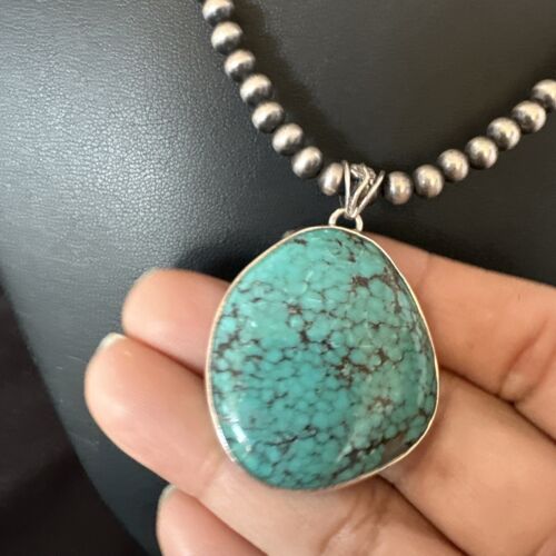 Men's Navajo Blue Spiderweb Turquoise Pendant Necklace | Sterling Silver | Authentic Native American Handmade | 16216