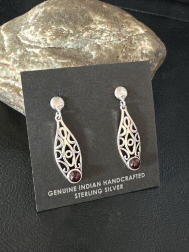 Navajo Burgundy Carnelian Dangle Earrings | Sterling Silver | Authentic Native American Handmade | 14926