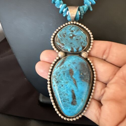 Navajo Blue Kingman Turquoise Pendant Necklace | Sterling Silver | 32" | Authentic Native American Handmade | 16068