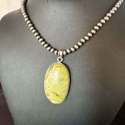 Navajo Green Gaspeite Pendant Necklace | Sterling Silver | Authentic Native American Handmade | 15482