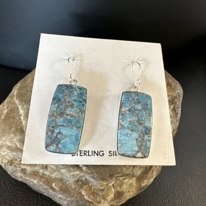 Navajo Blue Turquoise Dangle Earrings | Sterling Silver | Authentic Native American Handmade | 15437