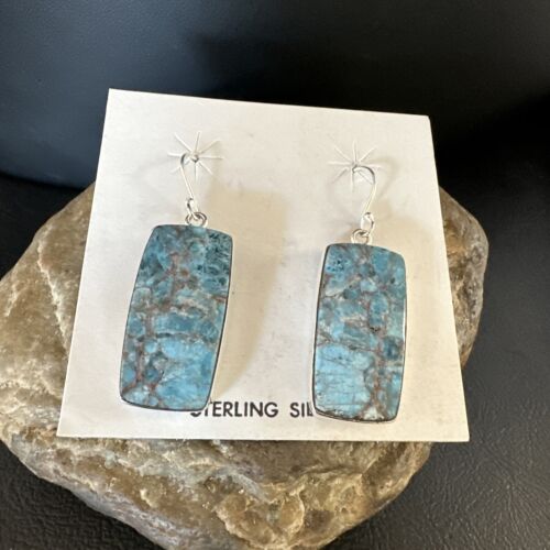 Navajo Blue Turquoise Dangle Earrings | Sterling Silver | Authentic Native American Handmade | 15437