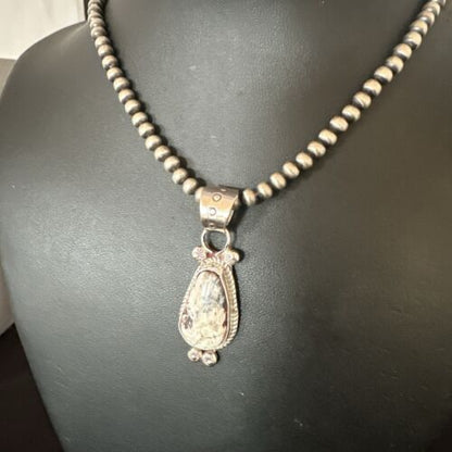Men's White Buffalo Turquoise Pendant Necklace | Navajo Pearls | Sterling Silver | Native American Handmade | 17332