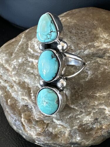 Navajo Blue Dry Creek Turquoise Cluster Ring | Authentic Native American Sterling Silver | Multi-Stone | Sz 8 | 17840
