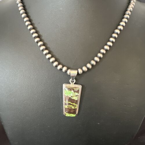 Navajo Green Gaspeite Pendant Necklace | Sterling Silver | Authentic Native American Handmade | 16361