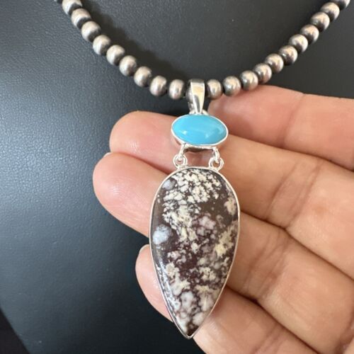 Navajo Wild Horse | Blue Kingman Turquoise Necklace | Sterling Silver | Authentic Native American Handmade | 17316