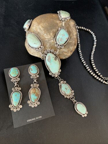 Navajo Blue Turquoise Lariat Necklace Set | Authentic Native American Sterling Silver | 30" | 13834