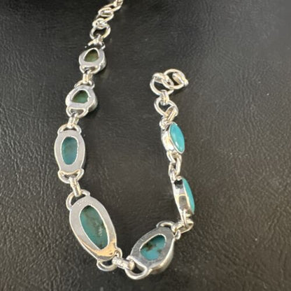 Navajo Blue Turquoise Link Bracelet | Sterling Silver | 8" | Authentic Native American Handmade | 15476 - Masha USA