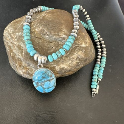 Navajo Men's Blue Spiderweb Turquoise Pendant Necklace | Sterling Silver | Authentic Native American Handmade | 17116