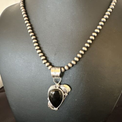 Navajo Pearls Black Onyx Necklace Pendant | Sterling Silver | Authentic Native American Handmade | 16527
