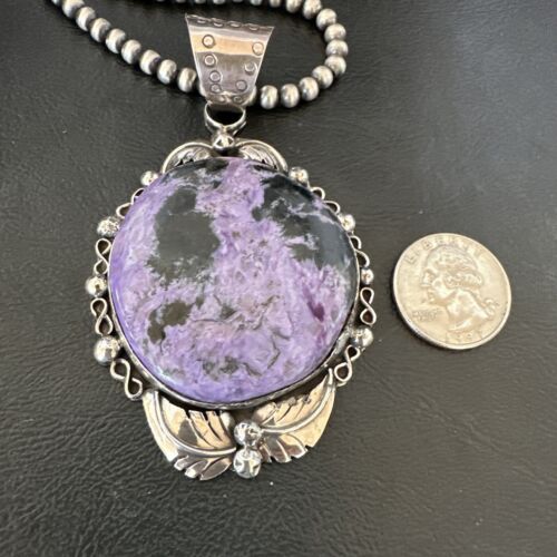 Navajo Purple Charoite Pendant with Pearls | Sterling Silver Necklace | Authentic Native American Handmade | 17154