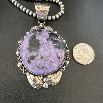 Navajo Purple Charoite Pendant with Pearls | Sterling Silver Necklace | Authentic Native American Handmade | 17154