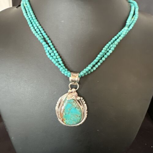 Navajo Blue Turquoise Pendant | Sterling Silver 3-Strand Bead Necklace | 17" | Authentic Native American Handmade | 15997