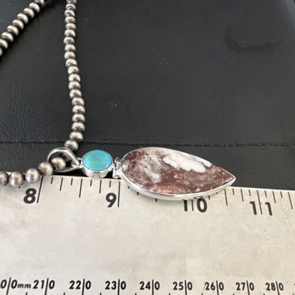 Navajo Wild Horse Blue Kingman Turquoise Necklace | Sterling Silver | Authentic Native American Handmade | 17314