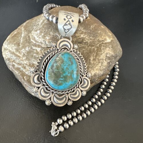 Navajo Blue Kingman Turquoise Pendant Necklace | Sterling Silver | 20" | Authentic Native American Handmade | 16352
