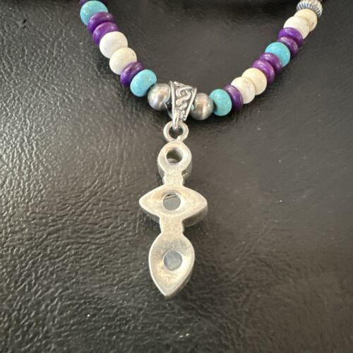 Navajo White Mother of Pearl, Turquoise, Sugilite Pendant Necklace | Sterling Silver | 16851