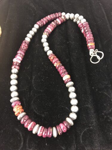 Navajo Pearls Necklace | Sterling Silver Purple Spiny Oyster Beads 8mm | Authentic Native American Handmade | 15956
