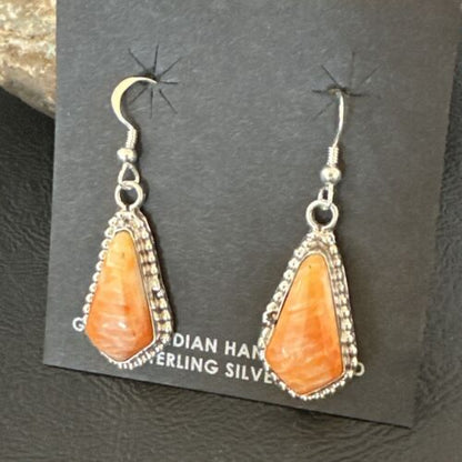 Navajo Orange Spiny Oyster Dangle Earrings | Sterling Silver | Authentic Native American Handmade | 17264