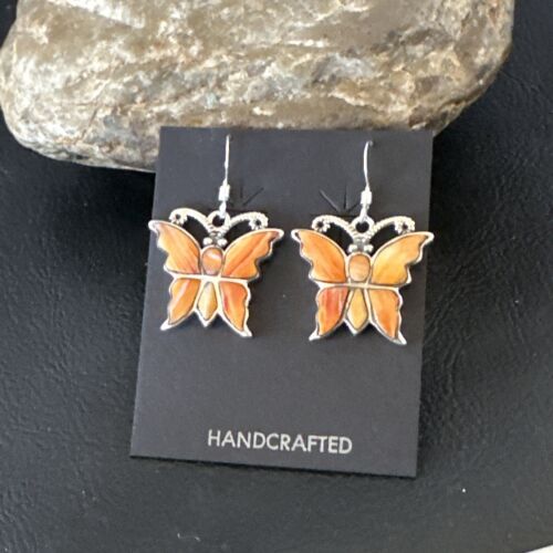 Navajo Butterfly Orange Spiny Oyster Inlay Earrings | Sterling Silver | Authentic Native American Handmade | 16523