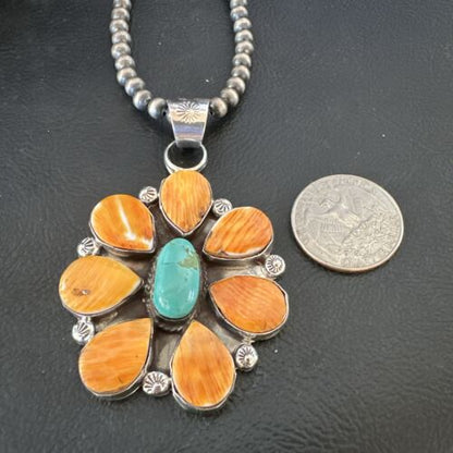 Navajo Blue Turquoise | Spiny Oyster Pendant Necklace | Sterling Silver | Multi-Stone | 16860