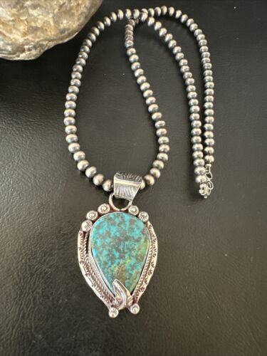 Navajo Blue Turquoise Pendant Necklace | Sterling Silver Pearls | Authentic Native American Handmade | 15761
