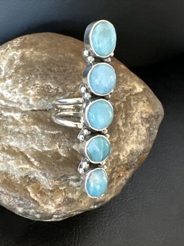 Navajo Women's Cluster Blue Larimar Ring | Authentic Native American Sterling Silver | Multi-Stone | Sz 7 | 15945