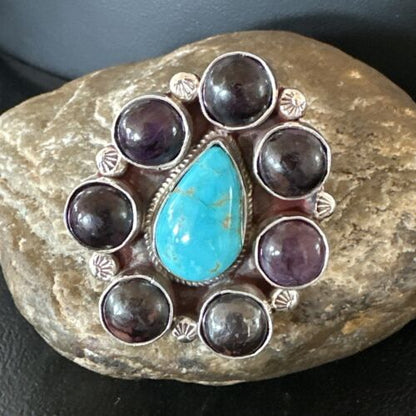 Navajo Cluster Blue Kingman Turquoise Sugilite Ring | Authentic Native American Sterling Silver | Multi-Stone | Sz 7 | 16772