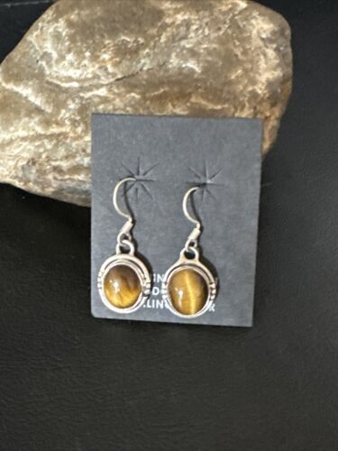 Navajo Coffee Tiger's Eye Dangle Earrings | Sterling Silver | Authentic Native American Handmade | 14920