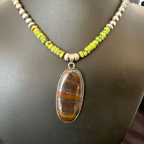 Navajo Green Turquoise Jasper Pendant | Sterling Silver Necklace | Authentic Native American Handmade | 17053