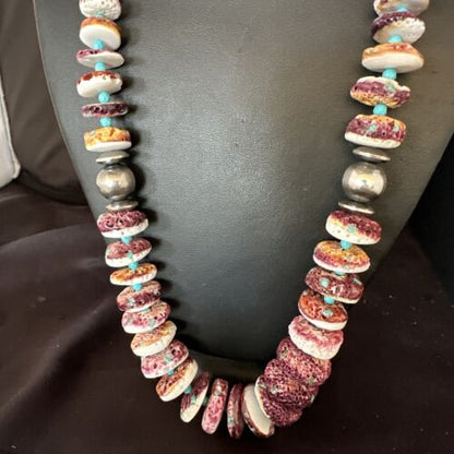 Purple Spiny Oyster & Turquoise Necklace | Navajo Sterling Silver | Authentic Native American | 25" | 15023