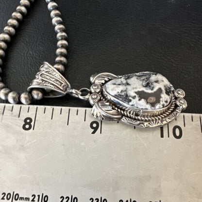 Navajo White Buffalo Turquoise Pendant Necklace | Sterling Silver | Authentic Native American Handmade | 17523