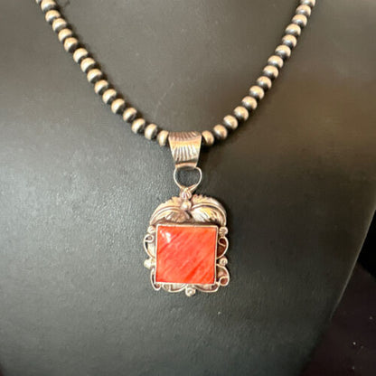 Navajo Red Spiny Oyster Pendant Necklace | Sterling Silver | Authentic Native American Handmade | 16143