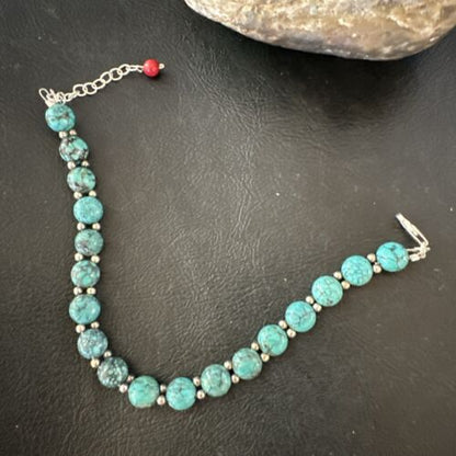 Southwestern Blue Turquoise Bead Link Bracelet | Sterling Silver | 8" | 17231